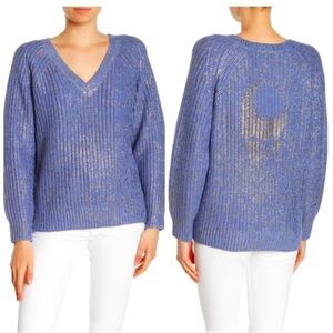 Skull Cashmere Sora V Neck Metallic Sweater Sz XS. Blue with silver threads.